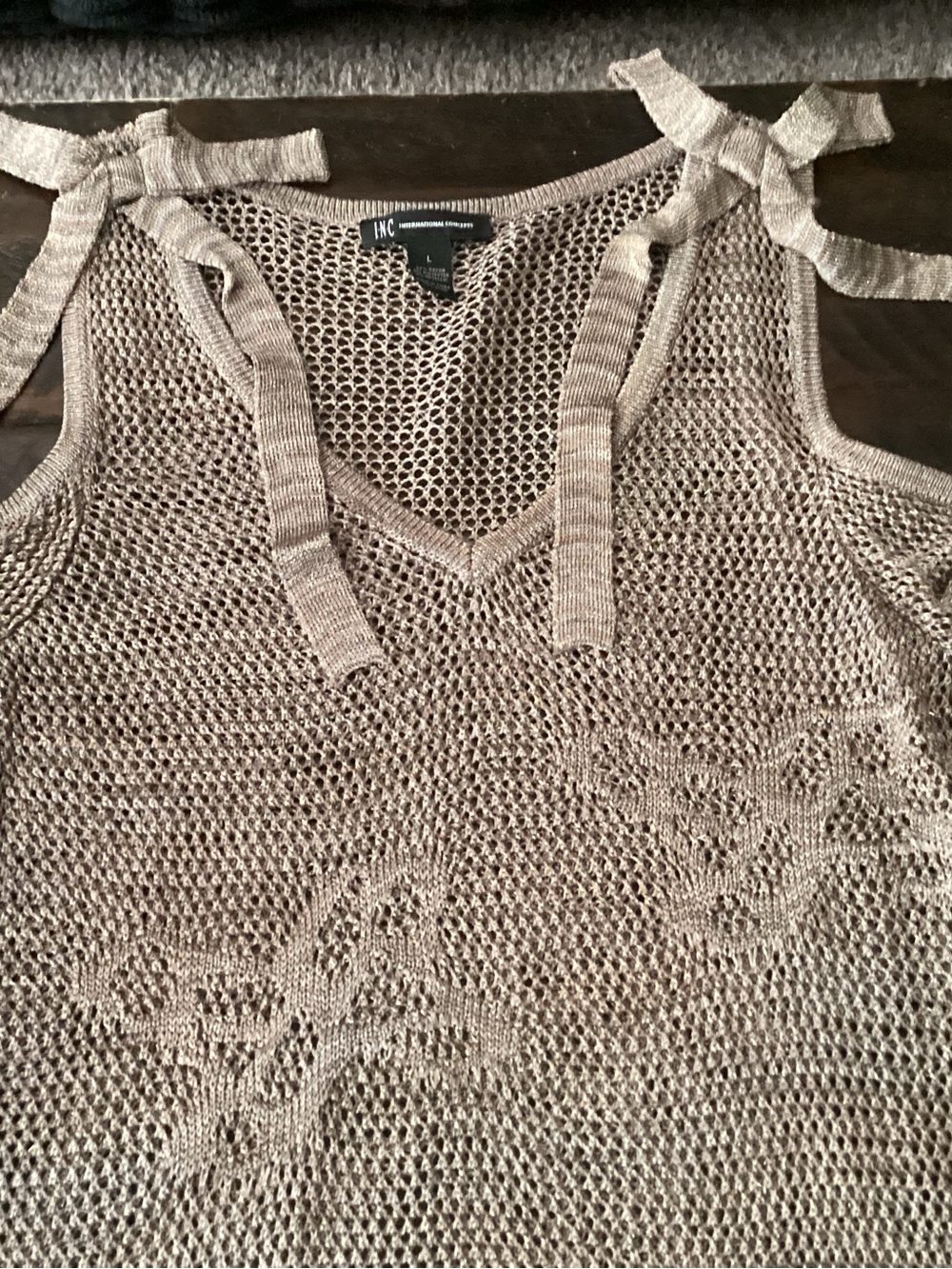 INC International Concepts Taupe Knit Floral Mesh Tank with Shoulder Ties